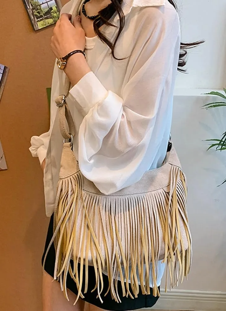 Stylish Suede Hobo Bag for Women Retro Shoulder Bag Large Capacity Tassel Hippie Crossbody Bag with Exquisite Fringe 2024