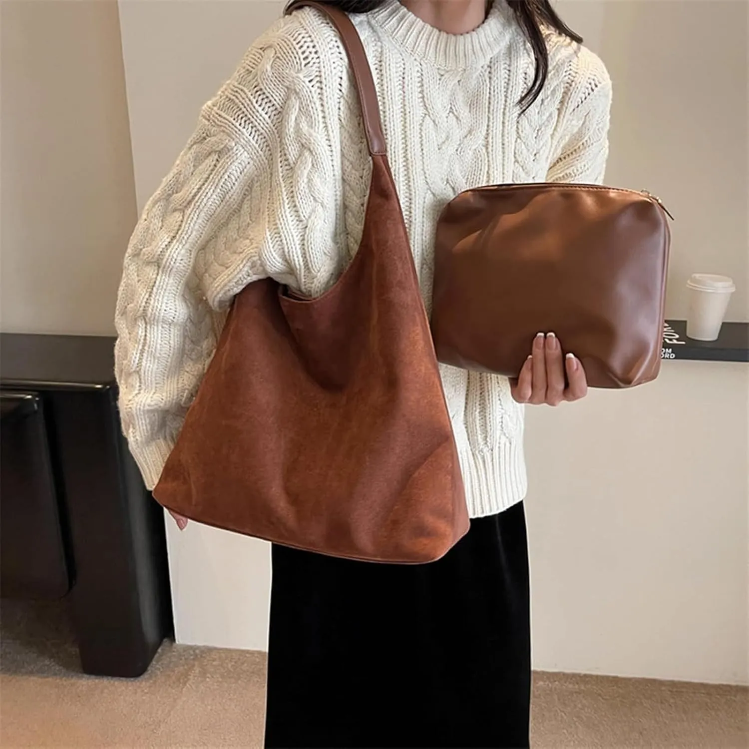 Suede Hobo Bags For Women Slouchy Bag Suede Purse Suede Tote Bag Large Brown Tote Handbag for Travel Shopping