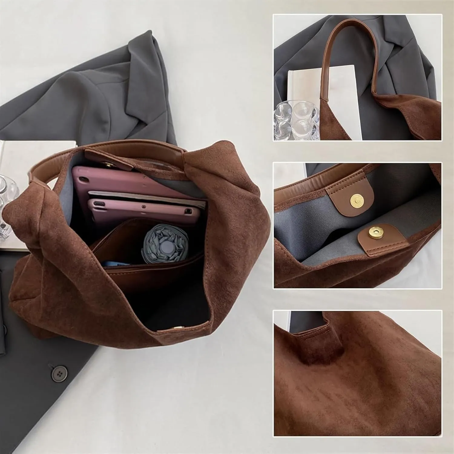 Suede Hobo Bags For Women Slouchy Bag Suede Purse Suede Tote Bag Large Brown Tote Handbag for Travel Shopping