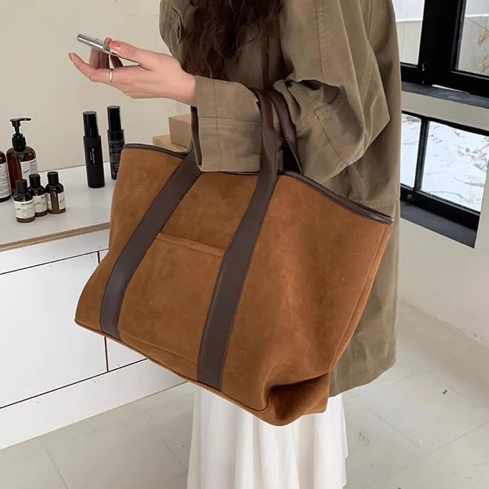 Suede Tote Bag for Women Large Capacity Winter Slouchy Purse Hobo Bag Suede Vintage Satchel Bag Simple Commute Bag
