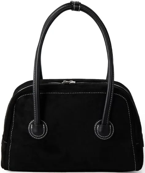Suede Tote Bag for Women Vintage Suede Purse Top Handle Suede Handbags Trending Satchel Purses for Autum Winter (Black)