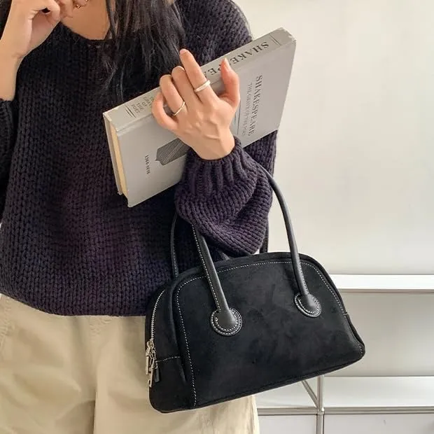 Suede Tote Bag for Women Vintage Suede Purse Top Handle Suede Handbags Trending Satchel Purses for Autum Winter (Black)