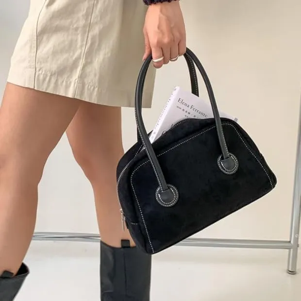 Suede Tote Bag for Women Vintage Suede Purse Top Handle Suede Handbags Trending Satchel Purses for Autum Winter (Black)