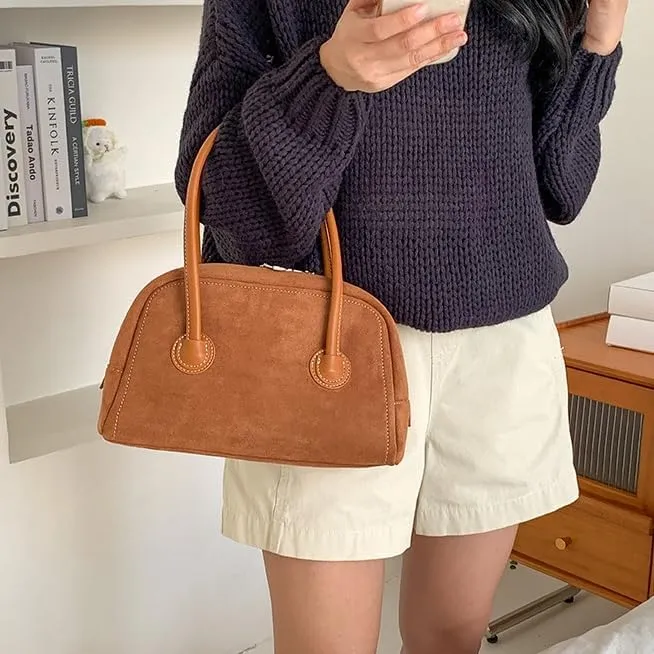 Suede Tote Bag for Women Vintage Suede Purse Top Handle Suede Handbags Trending Satchel Purses for Autum Winter (Brown)