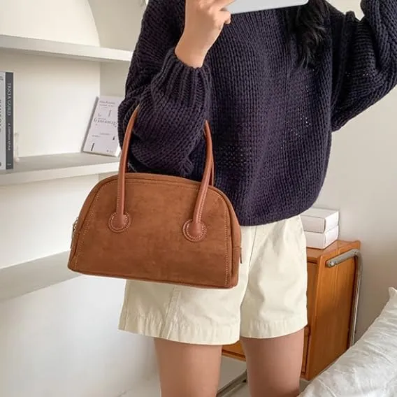 Suede Tote Bag for Women Vintage Suede Purse Top Handle Suede Handbags Trending Satchel Purses for Autum Winter (Coffee)