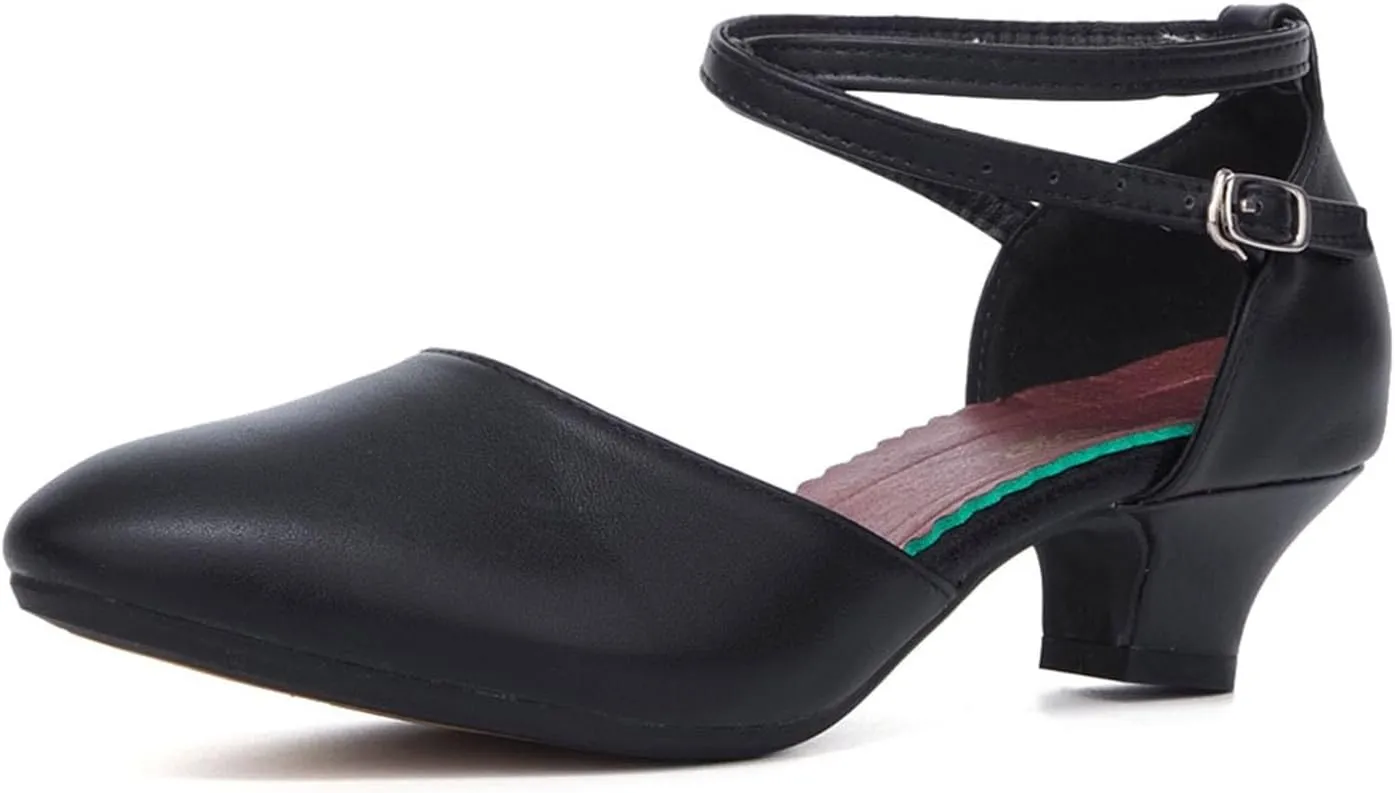 SWDZM Ballroom Dance Shoes Women Low Heel Closed Toe Latin Salsa Tango Character Practice Dance Shoes,Model DY-Leather-ZK