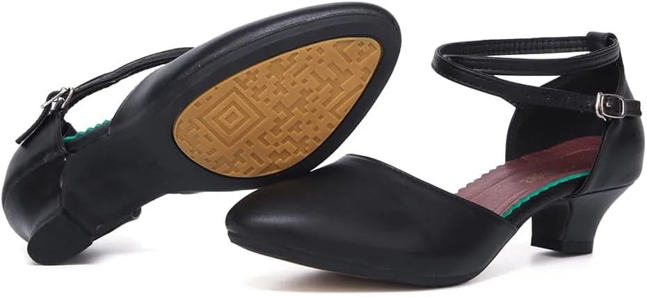 SWDZM Ballroom Dance Shoes Women Low Heel Closed Toe Latin Salsa Tango Character Practice Dance Shoes,Model DY-Leather-ZK