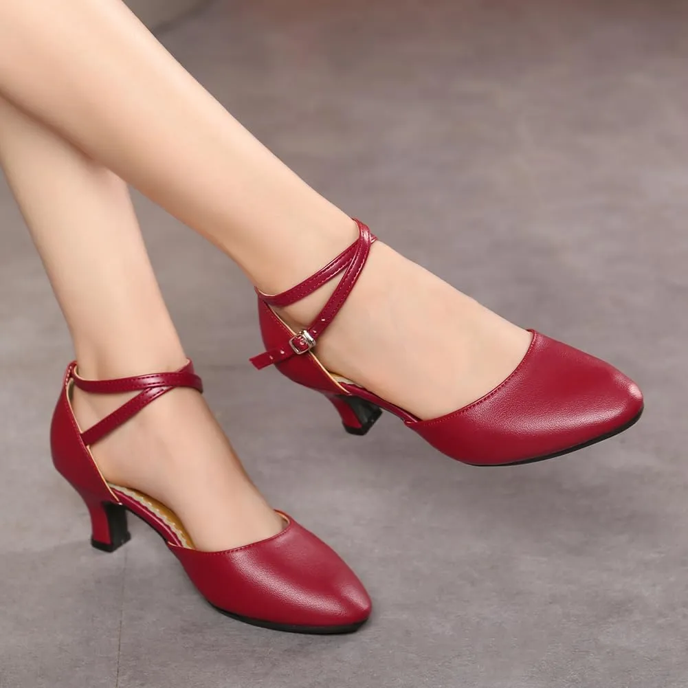 SWDZM Ballroom Dance Shoes Women Low Heel Closed Toe Latin Salsa Tango Character Practice Dance Shoes,Model DY-Leather-ZK