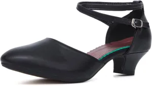 SWDZM Ballroom Dance Shoes Women Low Heel Closed Toe Latin Salsa Tango Character Practice Dance Shoes,Model DY-Leather-ZK