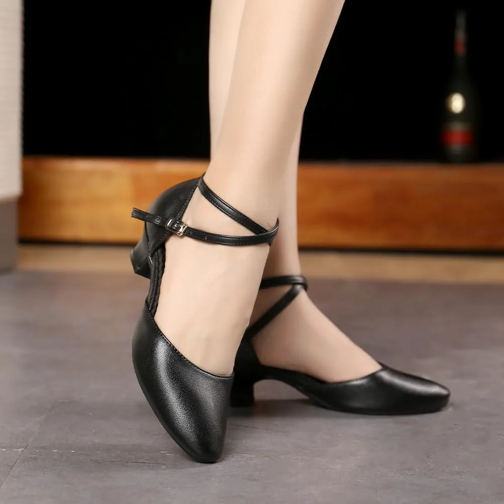 SWDZM Ballroom Dance Shoes Women Low Heel Closed Toe Latin Salsa Tango Character Practice Dance Shoes,Model DY-Leather-ZK