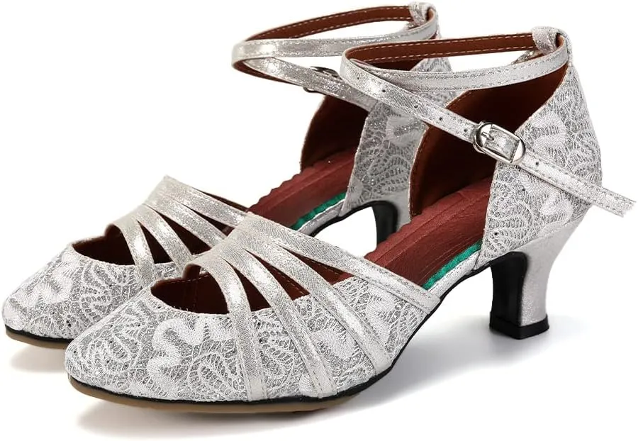 SWDZM Womens Tango Dance Shoes Ballroom Sequins Latin Dancing Shoes Closed Toe Low Heel