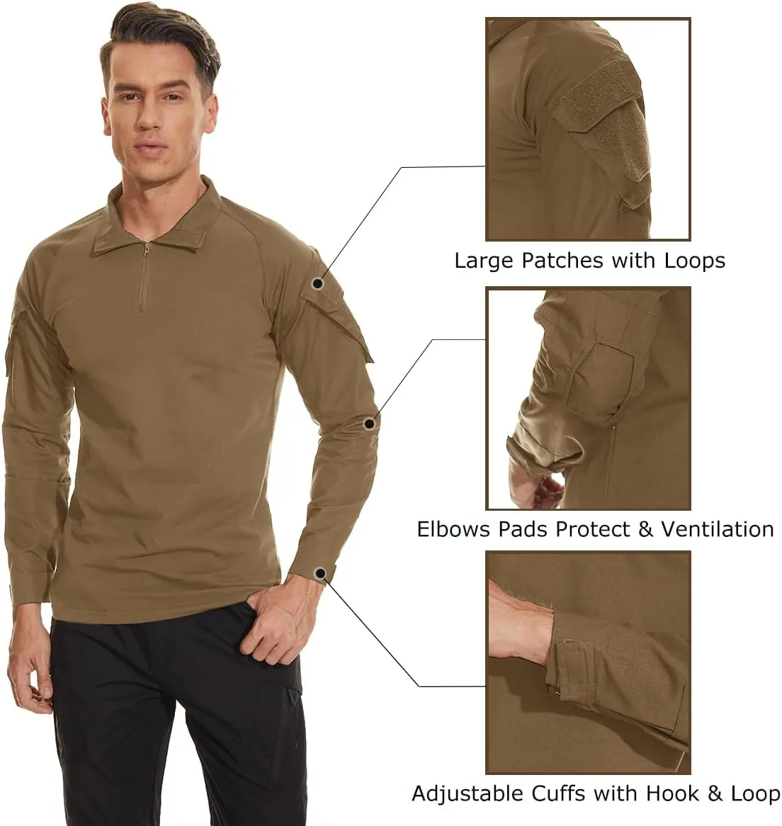 TACVASEN Men's Tactical Shirt Long Sleeve Combat Shirt 1/4 Zip with Pockets Military Army Paintball Airsoft Breathable