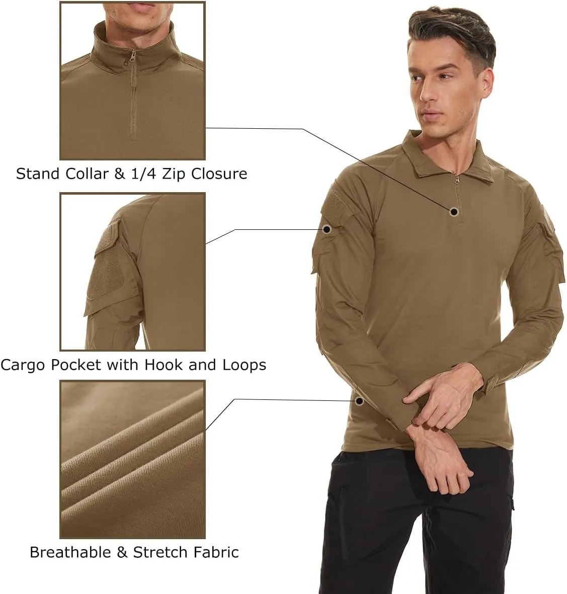 TACVASEN Men's Tactical Shirt Long Sleeve Combat Shirt 1/4 Zip with Pockets Military Army Paintball Airsoft Breathable
