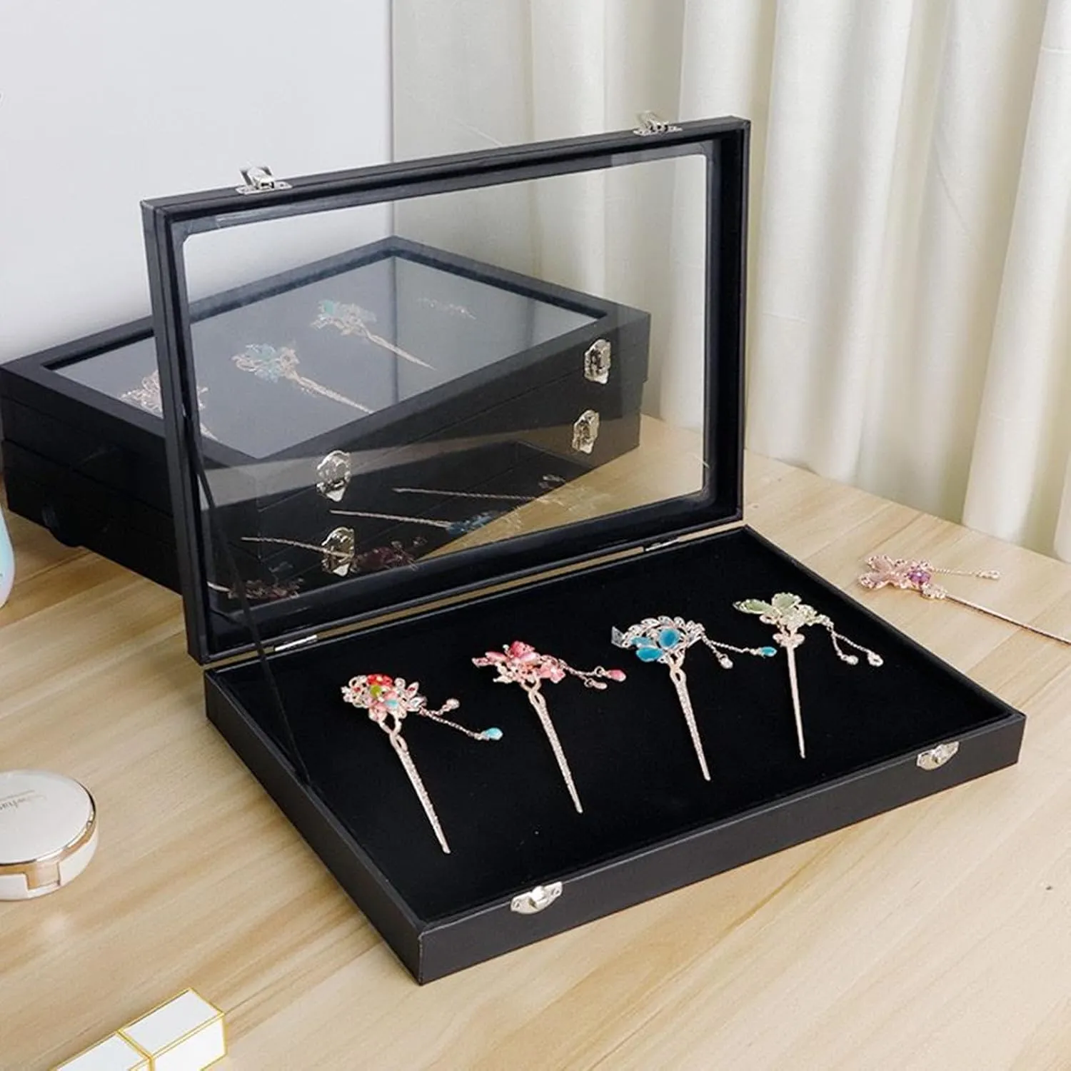 TANG SONG 11''x 7.9'' Brooch Storage Box Lapel Pin Display Case Jewelry Organizer Showcase (Black)