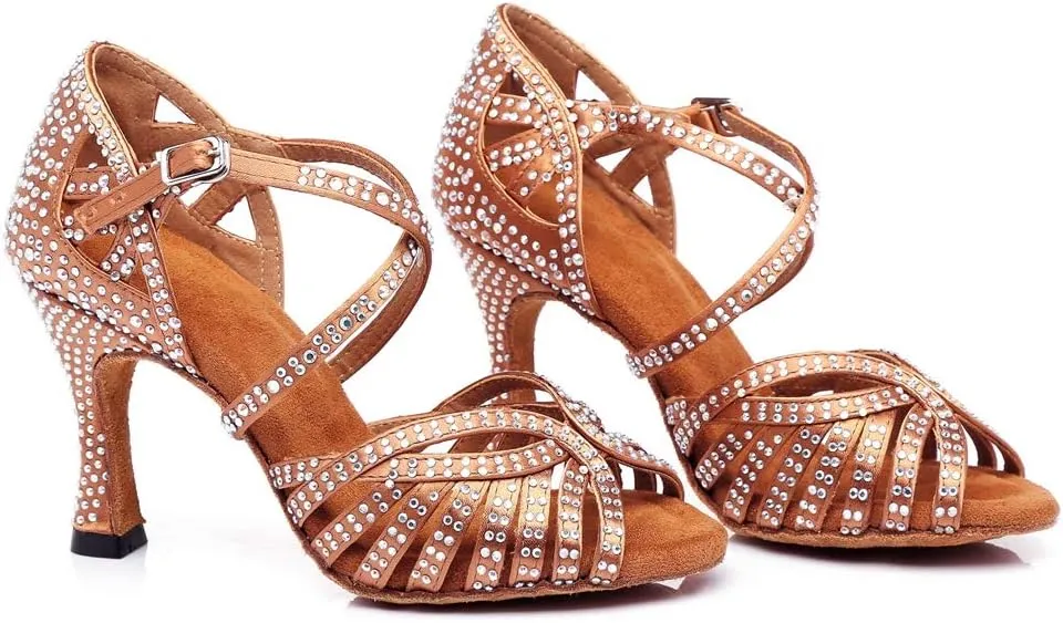 TDA Women's Fashion Cross Strap Satin Rhinestones Salsa Tango Ballroom Latin Modern Wedding Dance Shoes