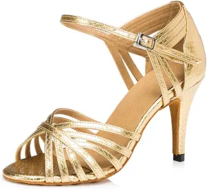 TDA Women's Fashion Single Strap High Heel 8.5cm Heel Gold Latin Salsa Ballroom Dance Shoes 10 M US