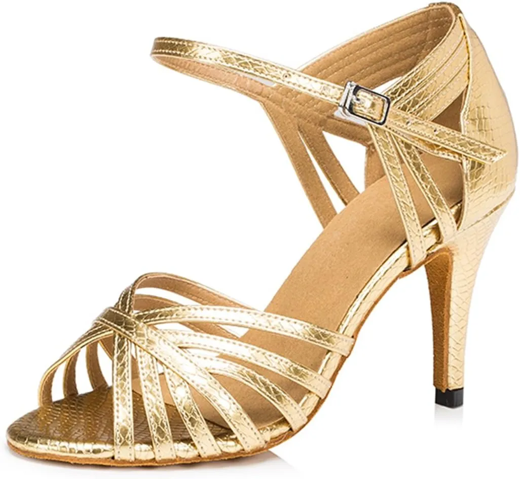 TDA Women's Fashion Single Strap High Heel 8.5cm Heel Gold Latin Salsa Ballroom Dance Shoes 10 M US