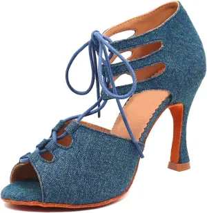 TDA Women's Sexy Lace-up Peep Toe Blue Denim Salsa Tango Ballroom Latin Dance Shoes 5.5 M US