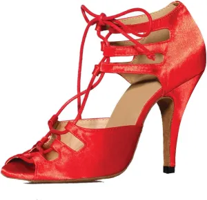 TDA Women's Sexy Lace-up Peep Toe Red Satin Salsa Tango Ballroom Latin Dance Shoes 7 M US