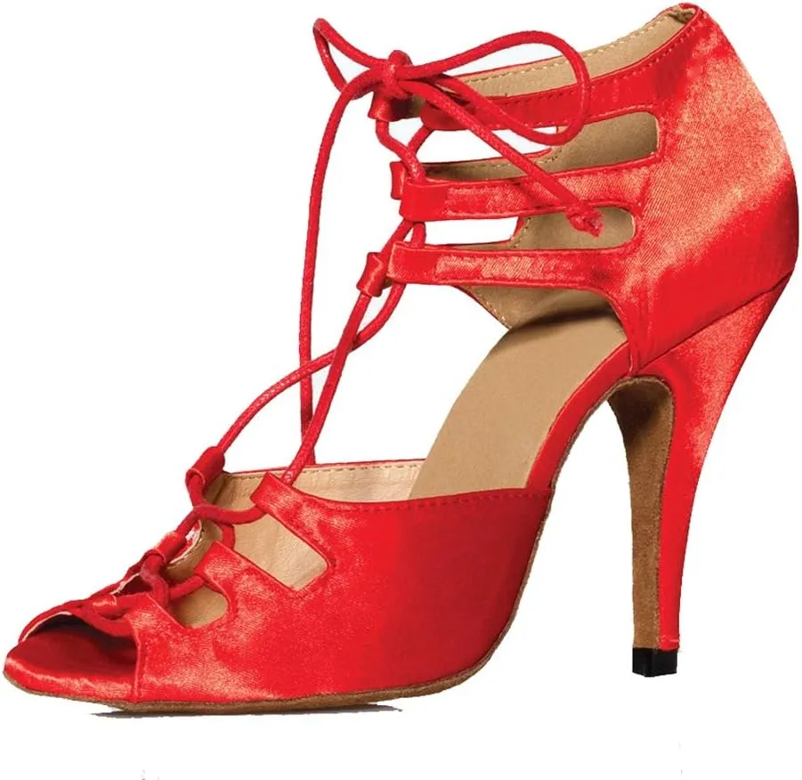 TDA Women's Sexy Lace-up Peep Toe Red Satin Salsa Tango Ballroom Latin Dance Shoes 7 M US
