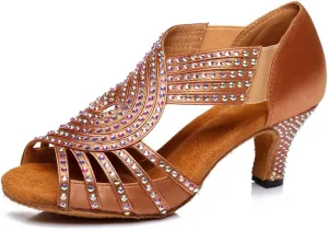 TDA Womens Slip-on Flaced Heel Brown Satin Crystals Latin Modern Salsa Tango Ballroom Wedding Dance Shoes 6.5 M US