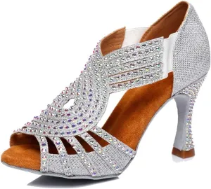 TDA Womens Slip-on Flaced Heel Silver Glitter Synthetic Crystals Latin Modern Salsa Tango Ballroom Wedding Dance Shoes 9.5 M US