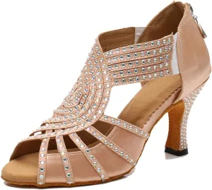 TDA Womens Zipper Flared Heel Beige Satin Crystals Latin Modern Salsa Tango Ballroom Wedding Dance Shoes 7.5 M US