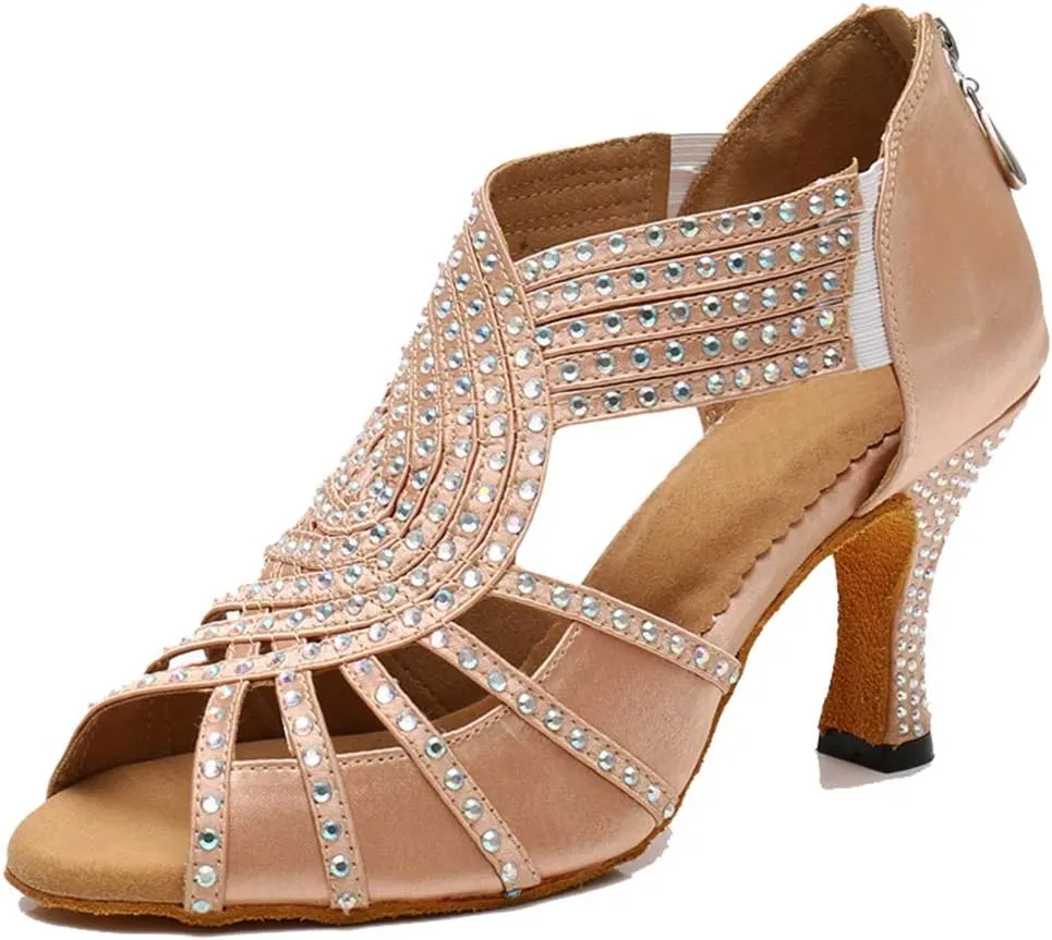 TDA Womens Zipper Flared Heel Beige Satin Crystals Latin Modern Salsa Tango Ballroom Wedding Dance Shoes 7.5 M US