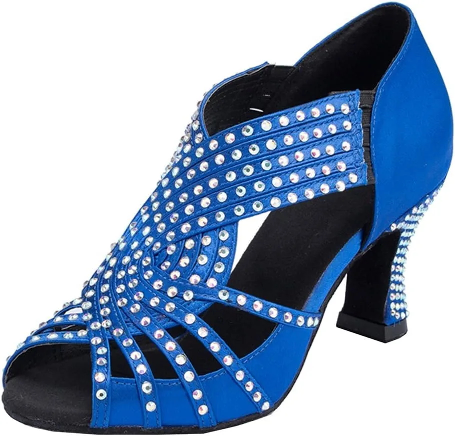 TDA Womens Zipper Mid Heel Blue Satin Crystals Latin Modern Salsa Tango Ballroom Wedding Dance Shoes 6.5 M US