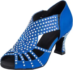TDA Womens Zipper Mid Heel Blue Satin Crystals Latin Modern Salsa Tango Ballroom Wedding Dance Shoes 6.5 M US