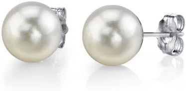 THE PEARL SOURCE Round White Freshwater Real Pearl Earrings in AAAA Quality for Women - 14k Gold Stud Earrings | Hypoallergenic Earrings with Genuine Cultured Pearls, 8.0-8.5mm