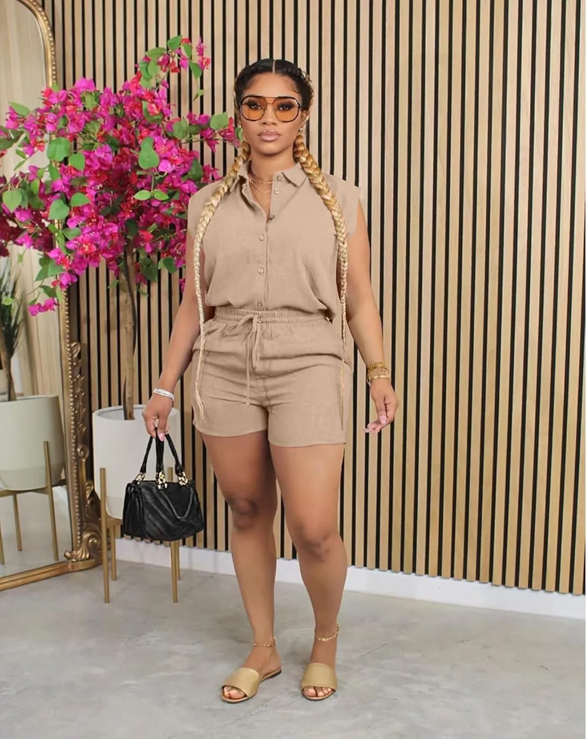 ThusFar Women 2 Piece Shorts Sets Button Down Cap Sleeve Drawstring Resort Wear Outfits Summer Matching Sets Tracksuits