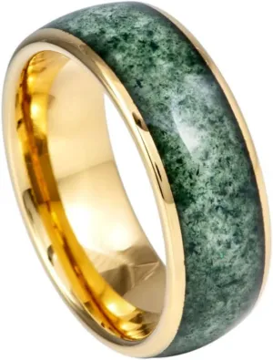Tungsten Jeweler Free Personalized laser engraving Ring for Men and Women Beveled Edge with Moss Agate Inlay  8mm Wedding Band Ideal Ring for Couples