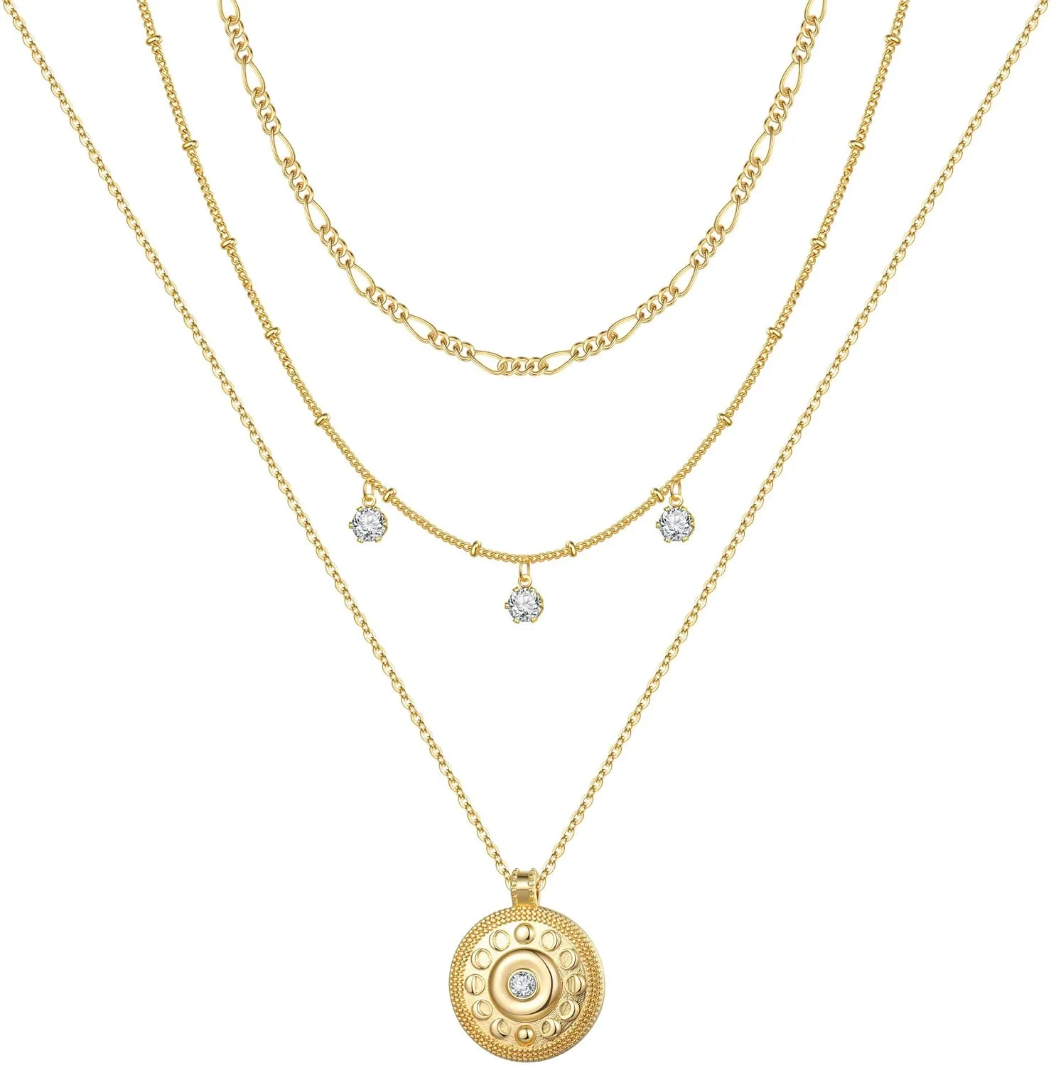 Turandoss Gold Layered Necklaces for Women - 14K Gold Plated Handmade Multilayer Bar Pearls Coin Disc Moon Butterfly Medallion Adjustable Dainty Layered Choker Necklaces for Women Jewelry