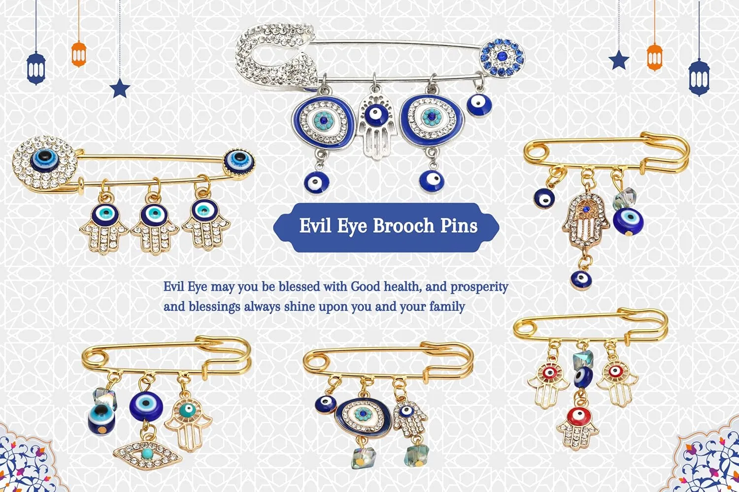 Turkey Evil Eye Rhinestone Charm Blue Lucky Eyeball Hands Brooch Pins Jewelry for Good Luck