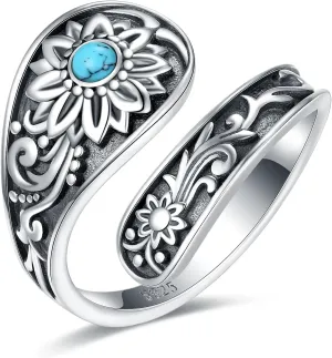 Turquoise Jewelry for Women - Sterling Silver Turquoise Rings Vintage Adjustable Sunflower Dragonfly Butterfly Spoon Ring Victorian Style Boho Antique Flower Thumb Statement Rings Jewelry Gifts for Women