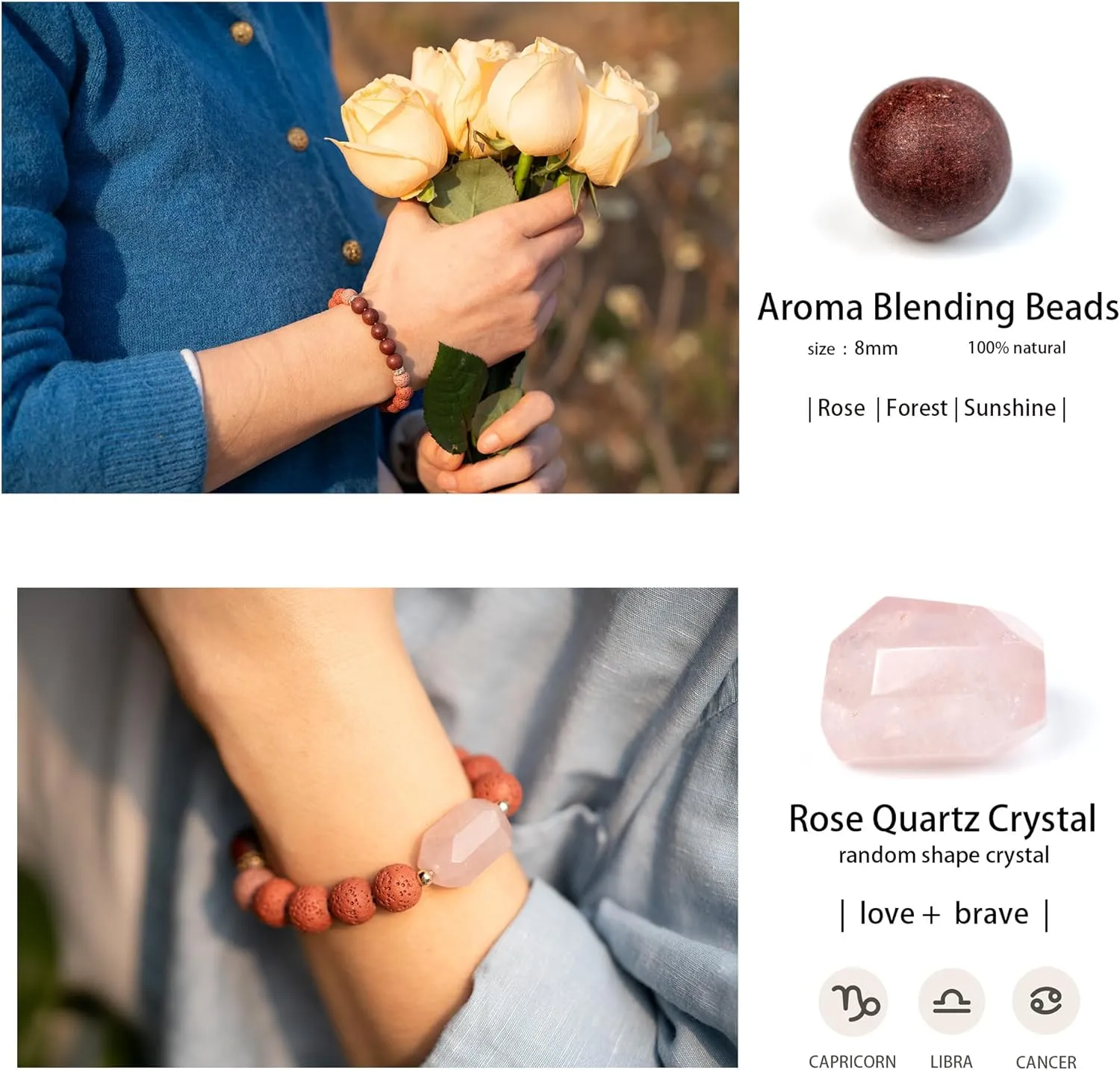 Unique Natural Fragrances, Royal Master Craftsmanship, Featuring Five Purely Natural Scents Contain Genuine Natural Crystals - 8mm beads