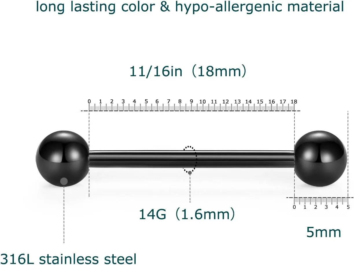 VCMART 12mm-18mm 14G Tongue Rings Nipple Straight Barbells Surgical Steel Body Piercing Jewelry