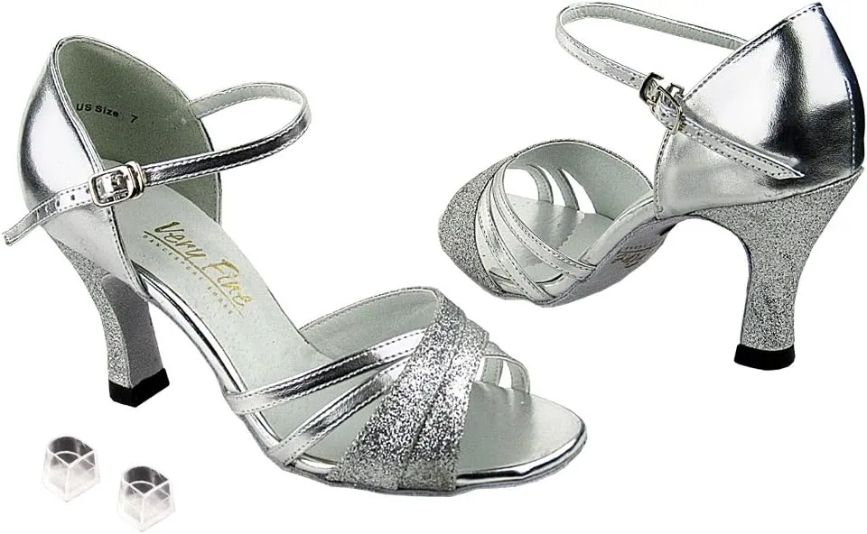 Very Fine Ladies Women Ballroom Dance Shoes EK6030 Silver Stardust & Silver Leather 2.5" Heel (5M)