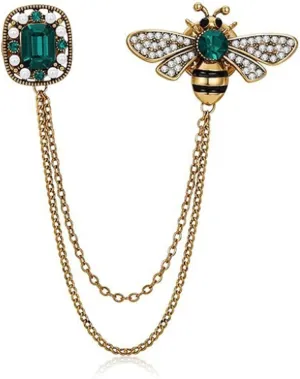 Vintage Bee Brooches, Crystal Honey Bee Shaped Collar Brooch and Pin, Hanging Tassel Chains Brooches Lapel Pins for Hats Scarf Tie Wreath Garments Decoration Accessories for Women