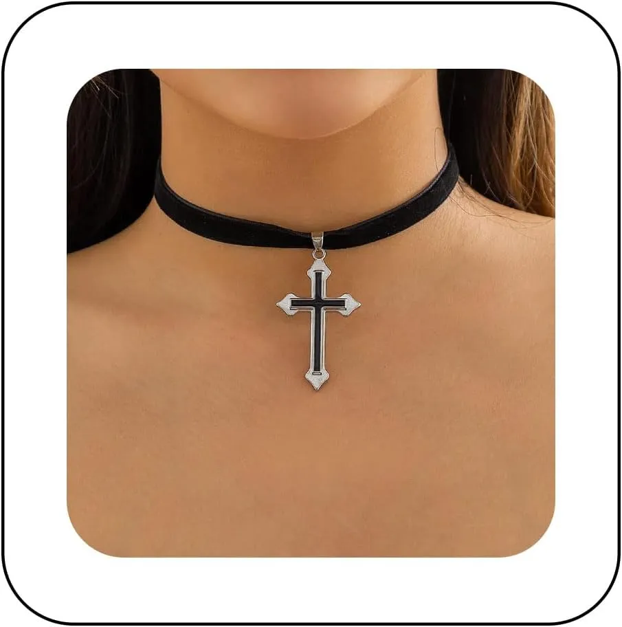 Vintage Black Velvet Choker Necklace Short Cross Pendant Necklace Black Suede Collar Necklace Gothic Velvet Ribbon Collar Necklace Chain Jewelry for Women