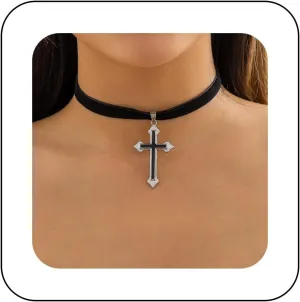 Vintage Black Velvet Choker Necklace Short Cross Pendant Necklace Black Suede Collar Necklace Gothic Velvet Ribbon Collar Necklace Chain Jewelry for Women