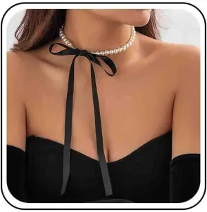 Vintage Pearl Black Choker Necklace Long Black Ribbon Bow Necklace Pearl Chain Necklace Pearl Bow Tie Collar Necklace Baroque Pearl Necklace Jewelry for Women