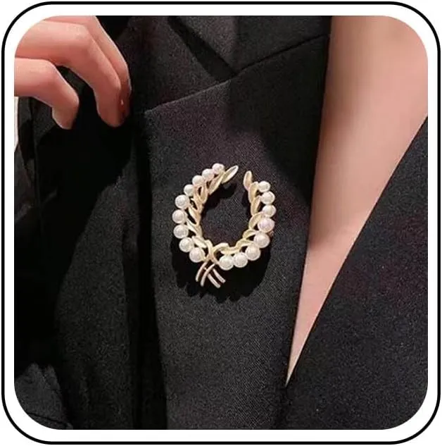 Vintage Pearl Brooch Pin Gold Pearl Wreath Brooch Pin Circle Pearl Leaf Brooches Pearl Wedding Brooch Lapel Pin Accessory Banquet Badge Pin Jewelry for Women