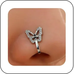 Vintage Rhinestone Butterfly Nose Ring Crystal Butterfly Nose Cuff CZ Butterfly Clip On Nose Ring Gold Butterfly Fake Septum Ring No Piercing Bendable Nose Ring Stud Jewelry for Women