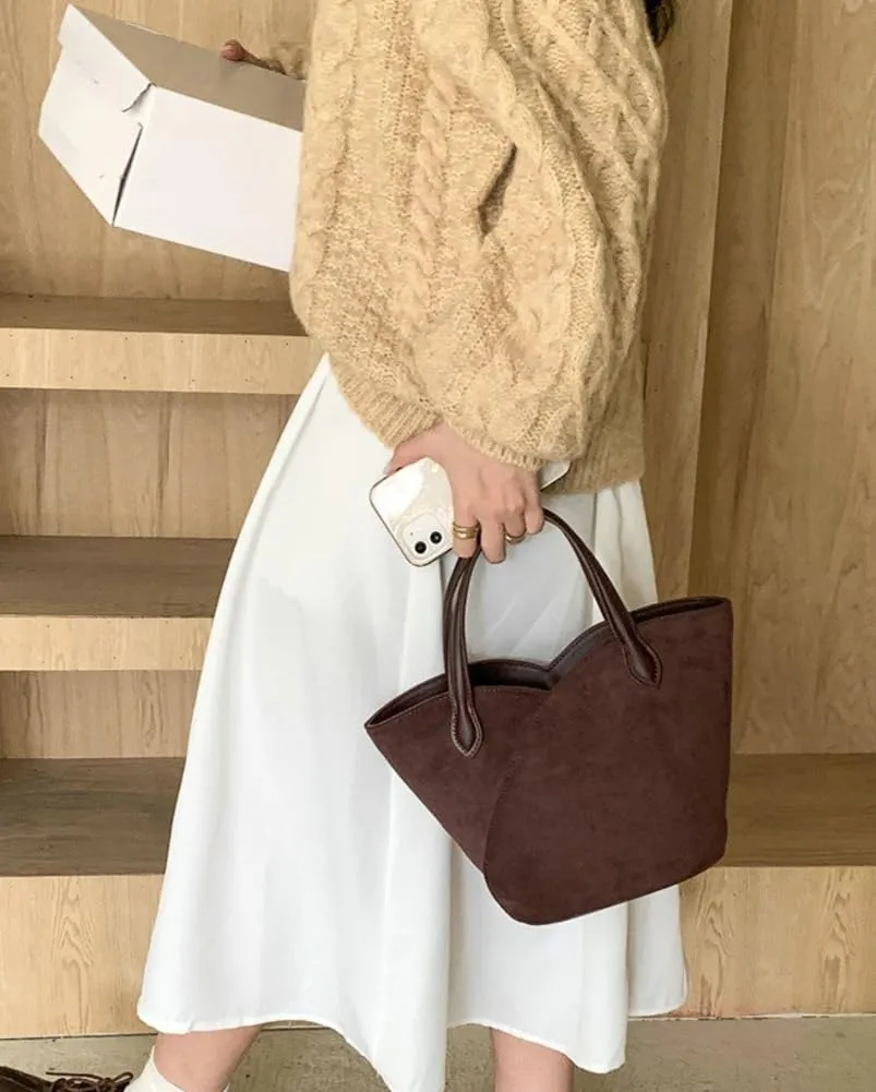 Vintage Suede Handbag for Women Mini Bucket Purse Causal Shoulder Bag College Office Tote Bag Suede Top Handle Purse 2024
