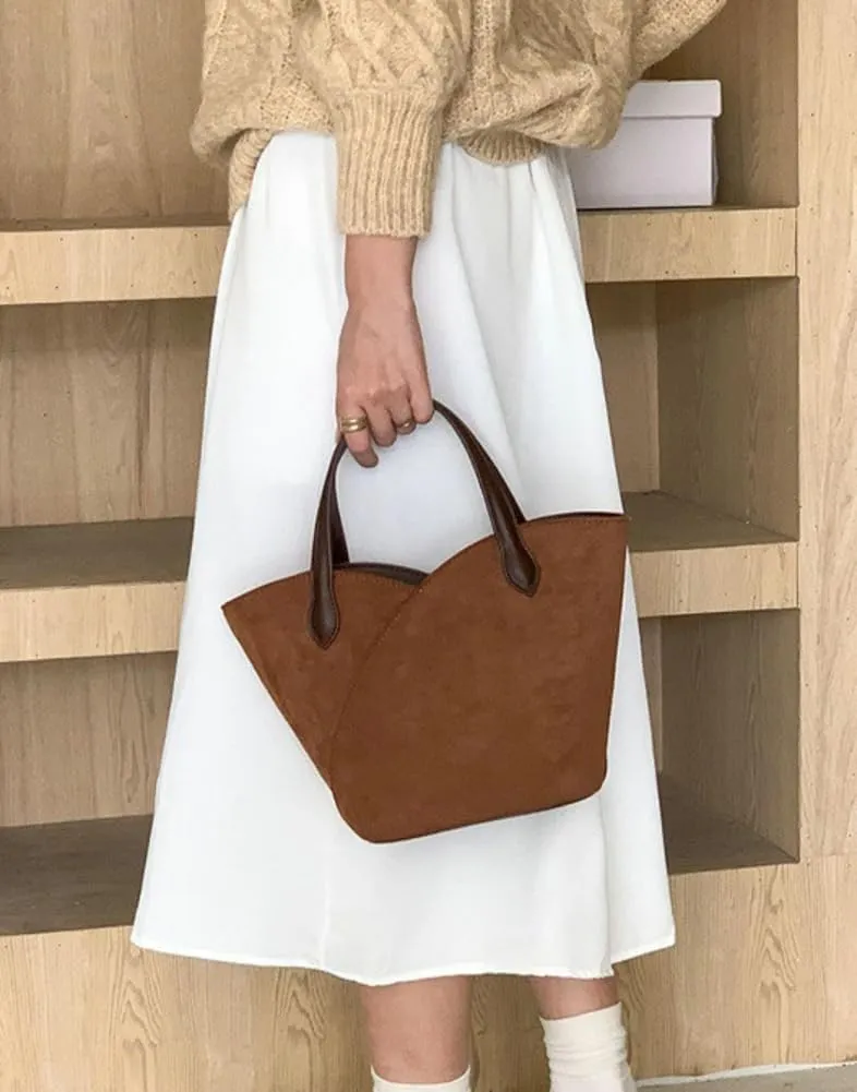 Vintage Suede Handbag for Women Mini Bucket Purse Causal Shoulder Bag College Office Tote Bag Suede Top Handle Purse 2024