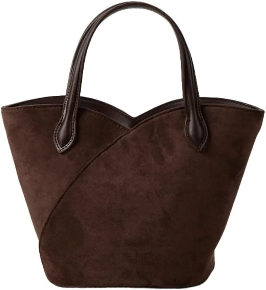 Vintage Suede Handbag for Women Mini Bucket Purse Causal Shoulder Bag College Office Tote Bag Suede Top Handle Purse 2024