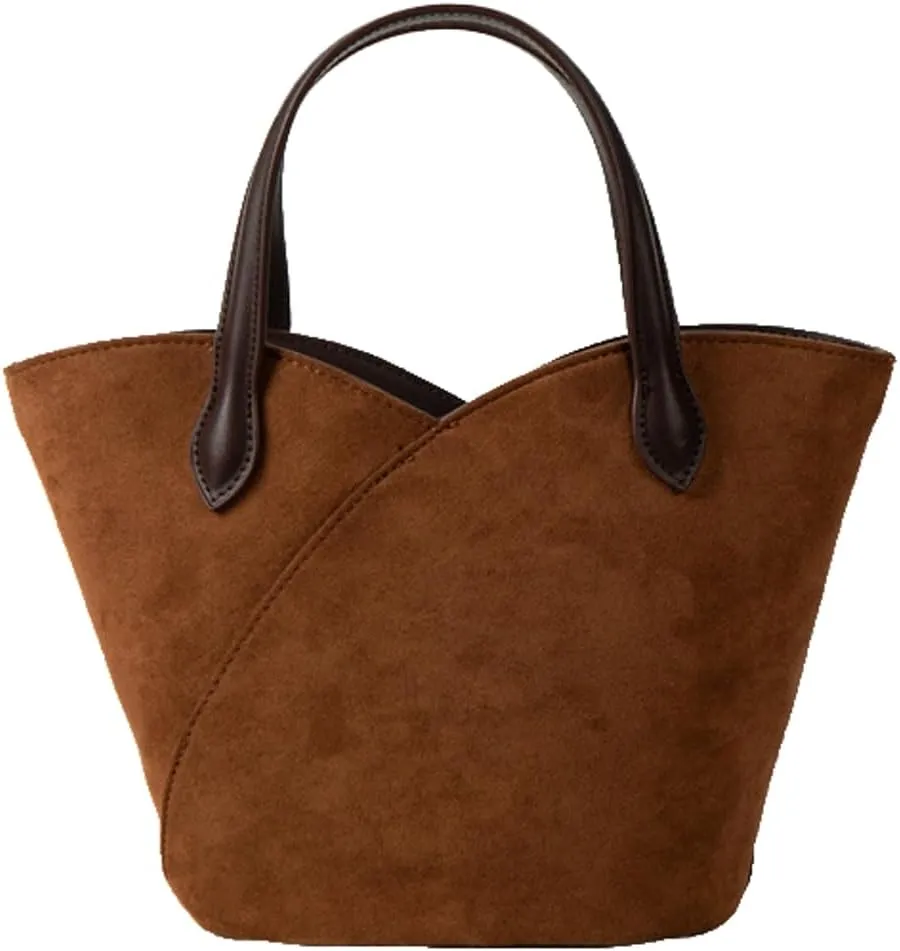 Vintage Suede Handbag for Women Mini Bucket Purse Causal Shoulder Bag College Office Tote Bag Suede Top Handle Purse 2024
