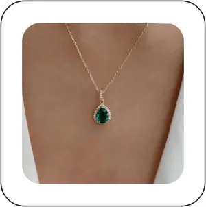 Vintage Teardrop Emerald Crystal Pendant Earrings Green Gem Necklace Gold Cz Emerald Waterdrop Necklace Jewelry for Women